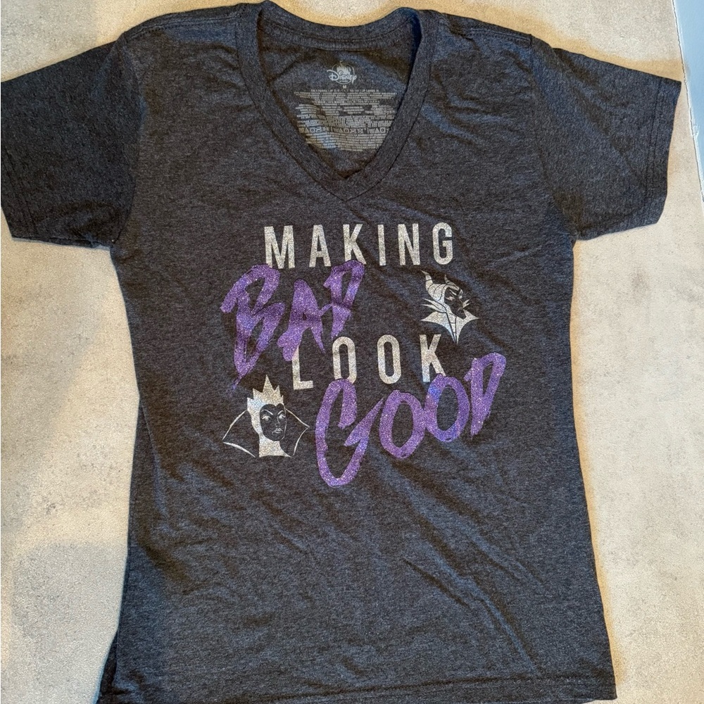 Disney Villains Glittery Purple and Gray “Making Bad Look Good” V-neck T-shirt